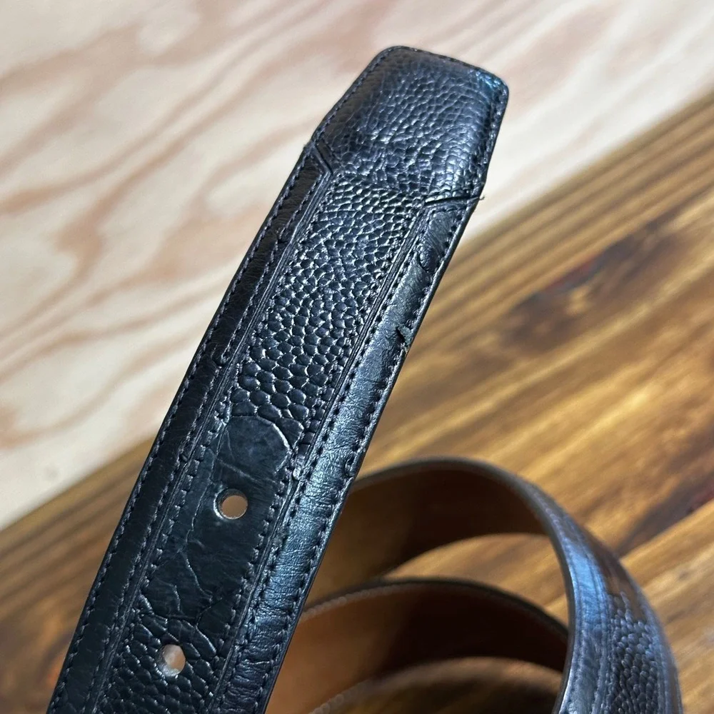Avventura Mens Black Genuine Ostrich Leather Belt 38 Made in Spain Solid Brass